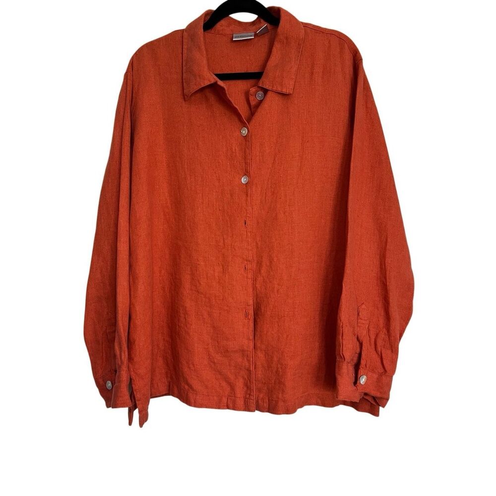 Chico's Top Womens Size 3 XL Orange Linen Button Down Tunic Shirt Long Sleeve
